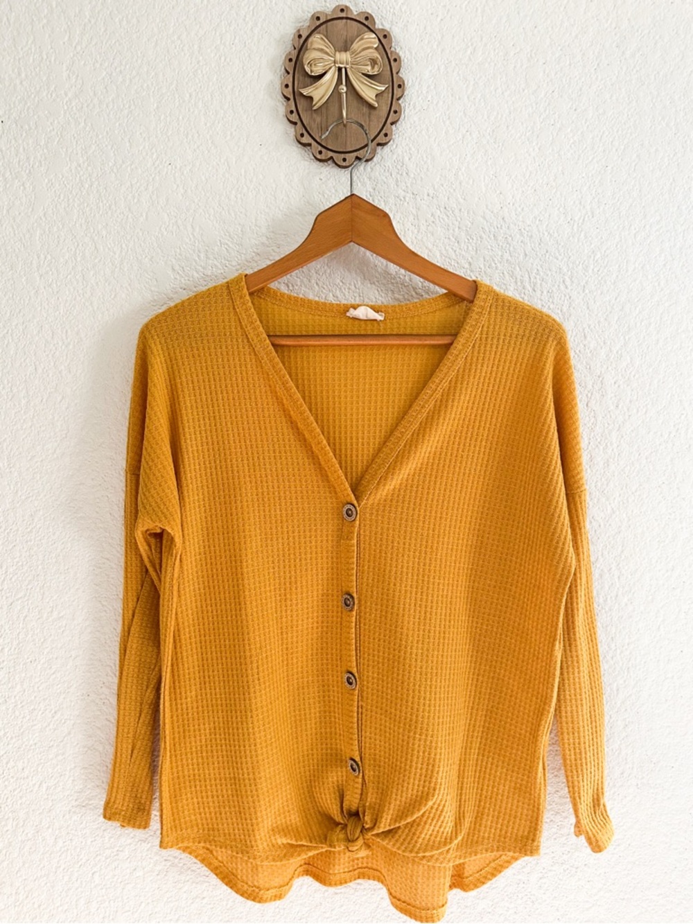 BiBi Mustard Yellow Button-Down Waffle Knit Top